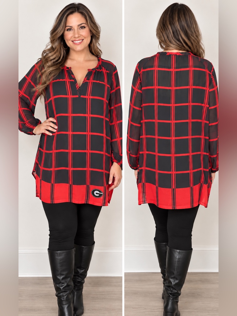 UGA Georgia Bulldogs 2X Sheer Plaid Tunic Game Day Tailgate Blouse